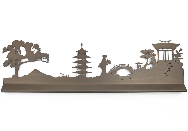 Japan Garden Decor Landscape Art Sculpture with Mt. Fuji, Temple and Cherry Blossom Tree: Oil Rubbed Bronze