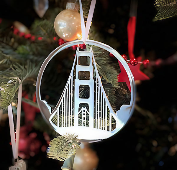 Golden Gate Bridge Christmas Ornament, Polished Nickel