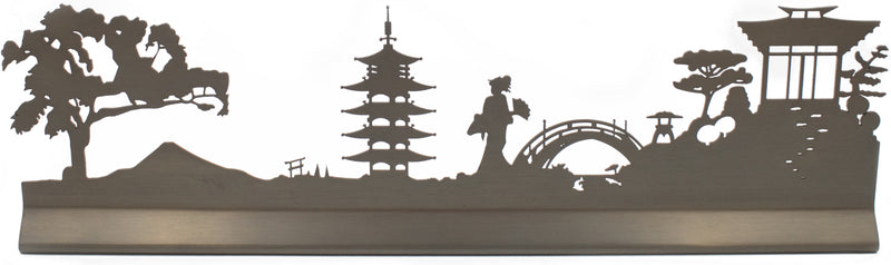 Japan Garden Decor Landscape Art Sculpture with Mt. Fuji, Temple and Cherry Blossom Tree: Oil Rubbed Bronze