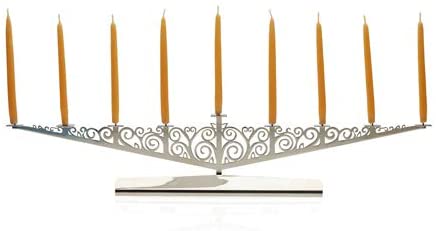 Tree of Life Chanukah Menorah, Polished Nickel