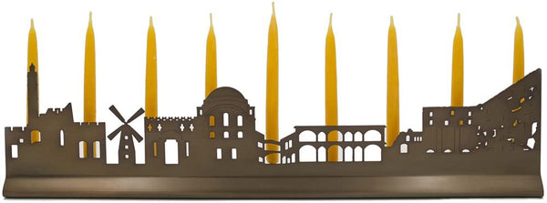 Jerusalem City Landscape Menorah with Western Wall, Hurva, Windmill, Old Town, Tower of David, Oiled Bronze