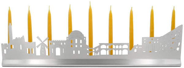 Jerusalem City Landscape Menorah with Western Wall, Hurva, Windmill, Old Town, Tower of David, Brushed Steel