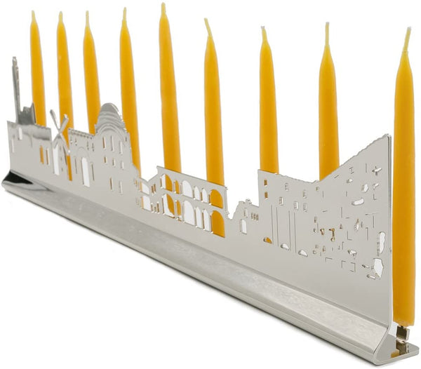 Jerusalem City Landscape Menorah with Western Wall, Hurva, Windmill, Old Town, Tower of David, Polished Nickel