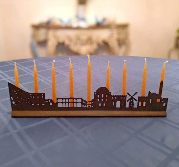 Jerusalem City Landscape Menorah with Western Wall, Hurva, Windmill, Old Town, Tower of David, Oiled Bronze