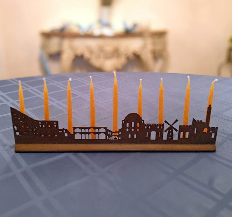 Jerusalem City Landscape Menorah with Western Wall, Hurva, Windmill, Old Town, Tower of David, Oiled Bronze