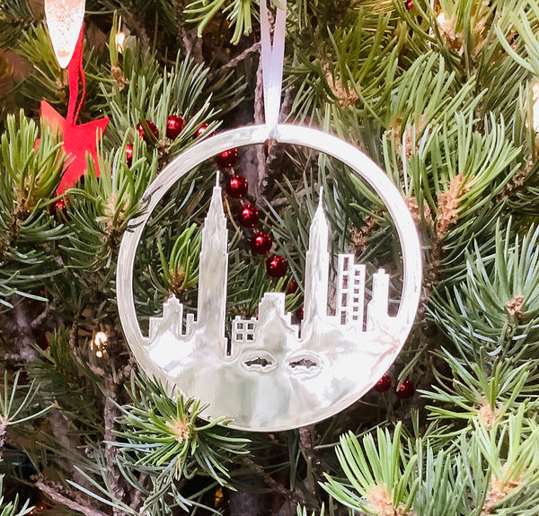 Chrysler and Empire State Buildings Christmas Ornament in New York City, Polished Nickel