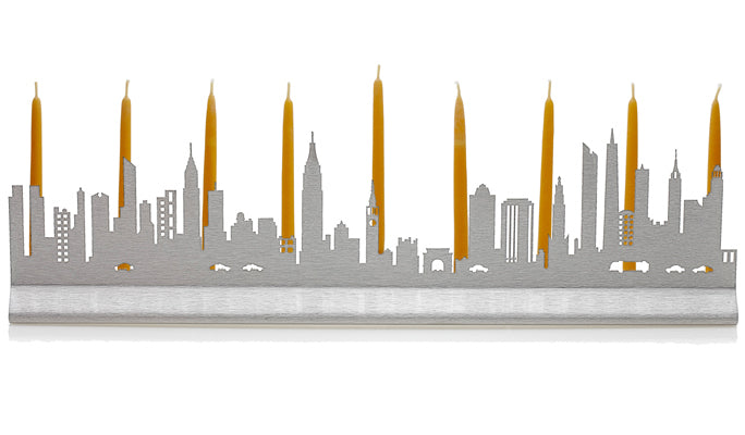 Manhattan Menorah, New York City Skyline, Brushed Steel