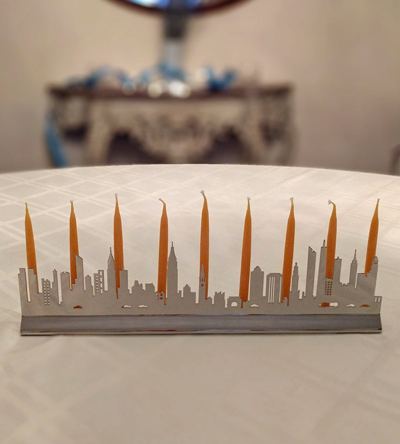 Manhattan Menorah, New York City Skyline, Brushed Steel