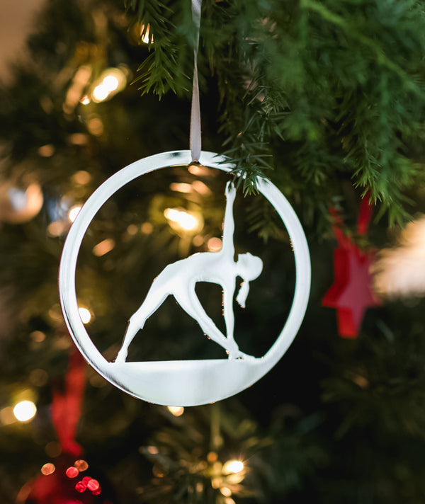 Yoga Triangle Pose Christmas Ornament, Polished Nickel